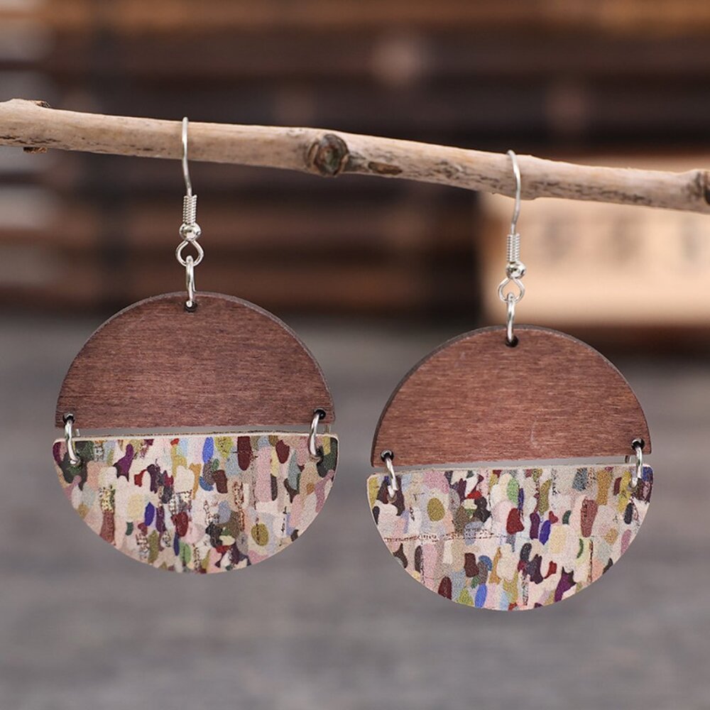 Bohemian Semicircle Vegan Leather & Wood Drop Earrings